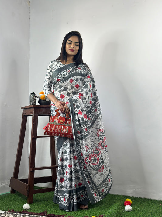 White-Grey Cotton Mul Printed Saree