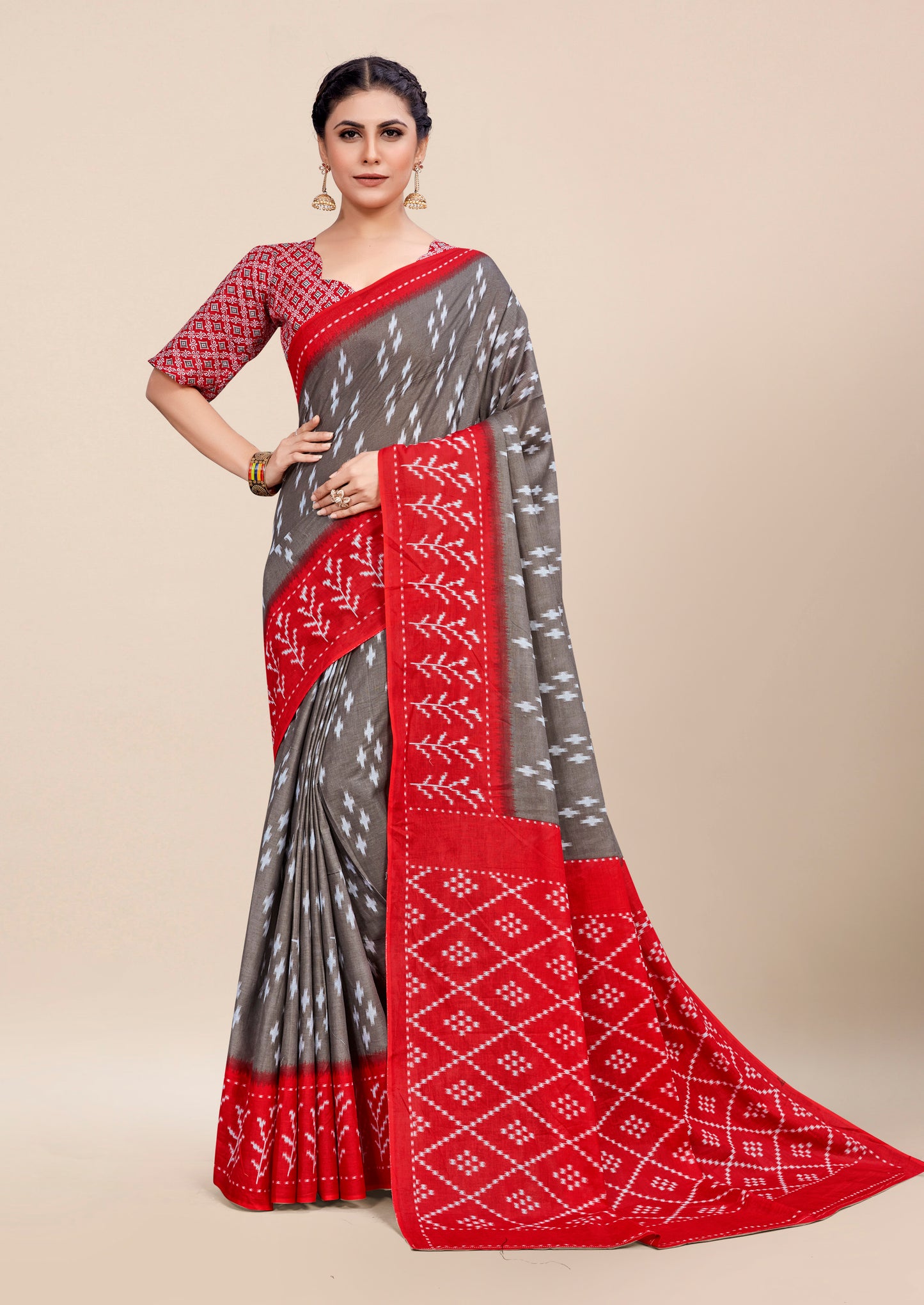 Red-Grey Cotton Mul Printed Saree