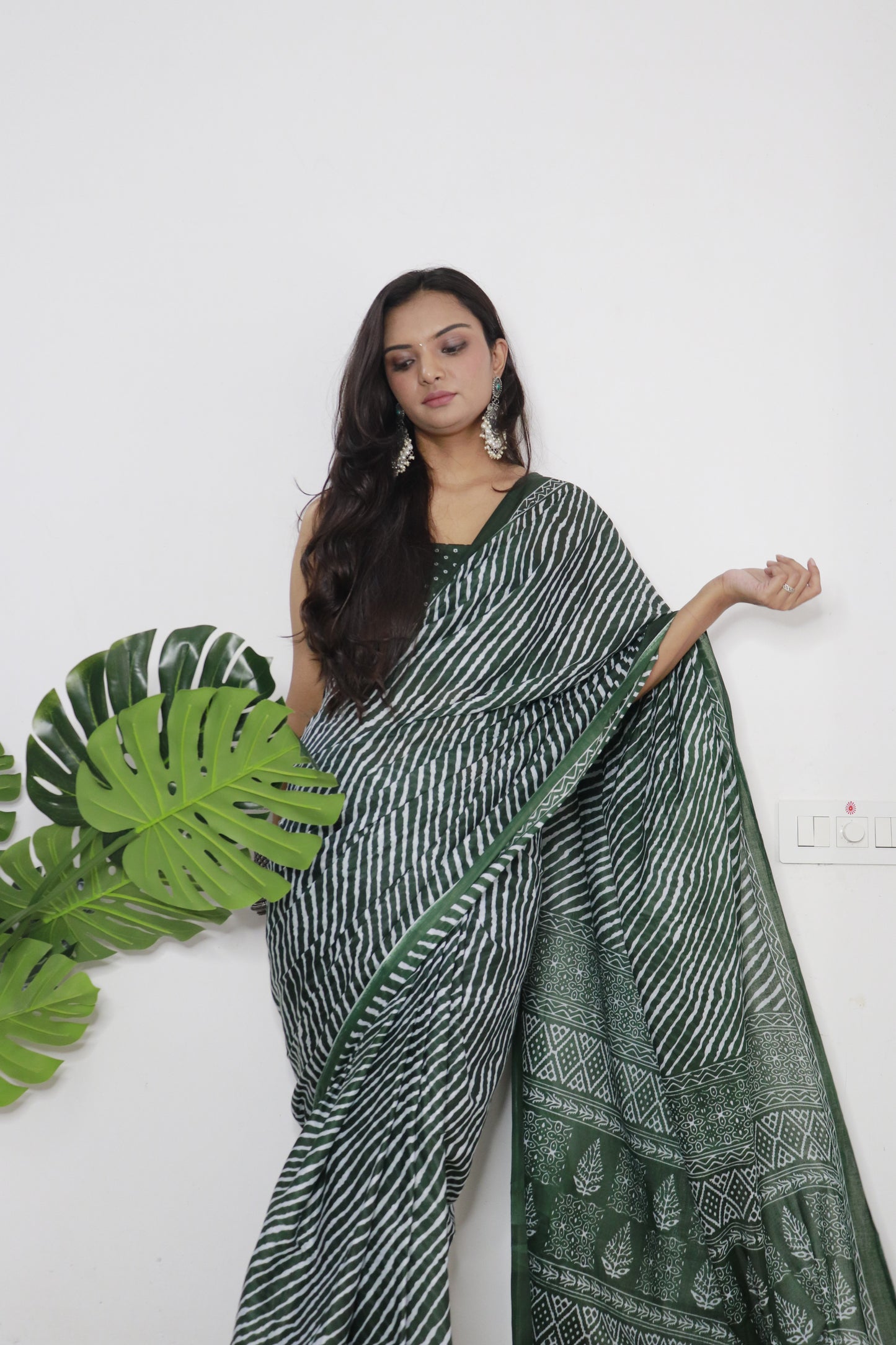 Dark Green Cotton Printed Saree