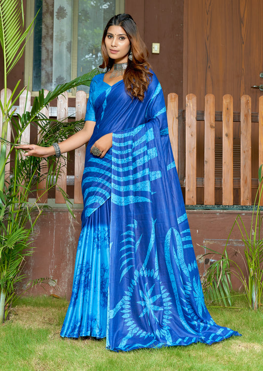 Blue Cotton Mul Printed Saree