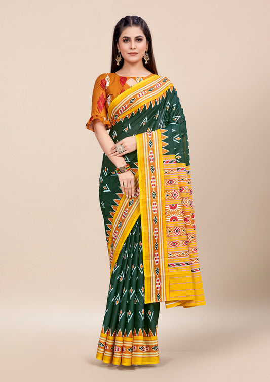 Mustard-Green Cotton Mul Printed Saree