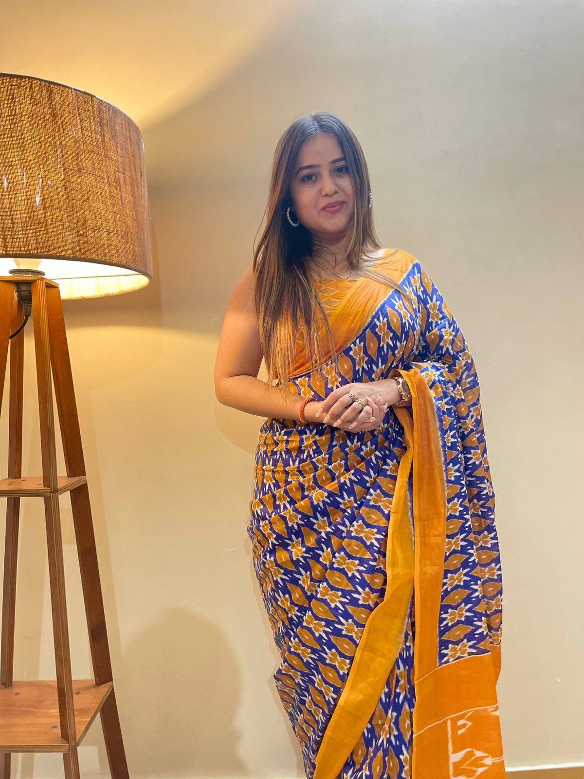 Blue-Yellow Cotton Mul Printed Saree