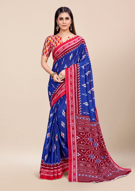 Blue-Red Cotton Mul Printed Saree