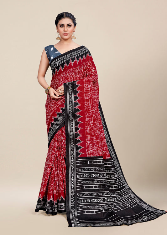 Red-Black Cotton Mul Printed Saree