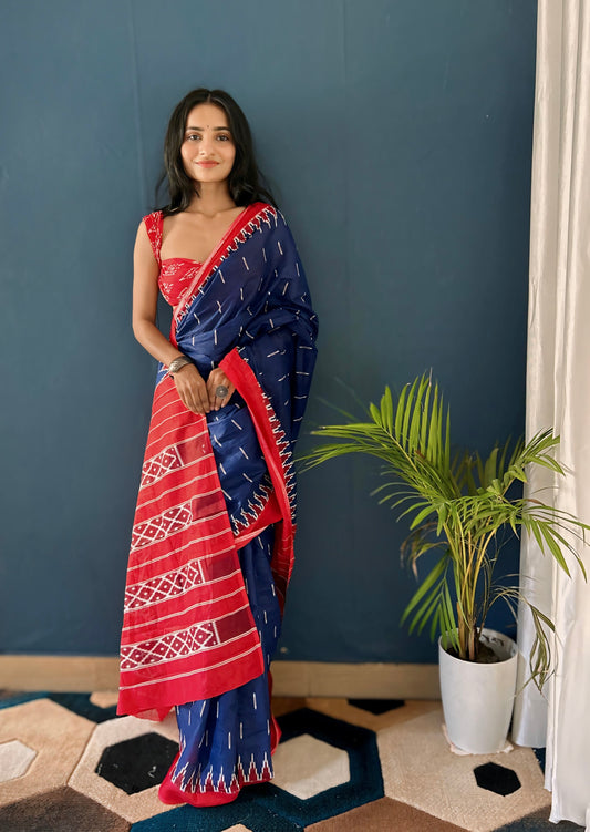 Blue-Red Cotton Mul Printed Saree