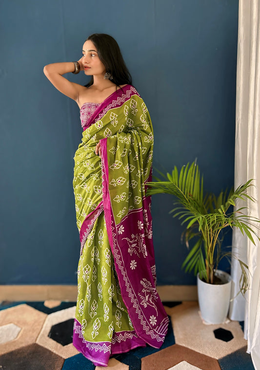 Green-Wine Cotton Mul Printed Saree