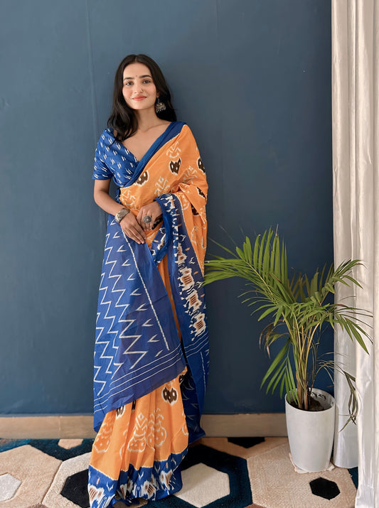 Blue-Orange Cotton Mul Printed Saree