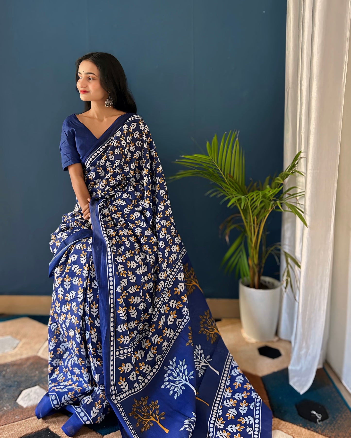 Blue Cotton Mul Printed Saree