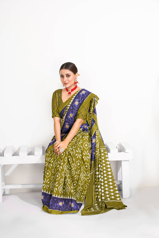 Mehendi Cotton Mul Printed Saree