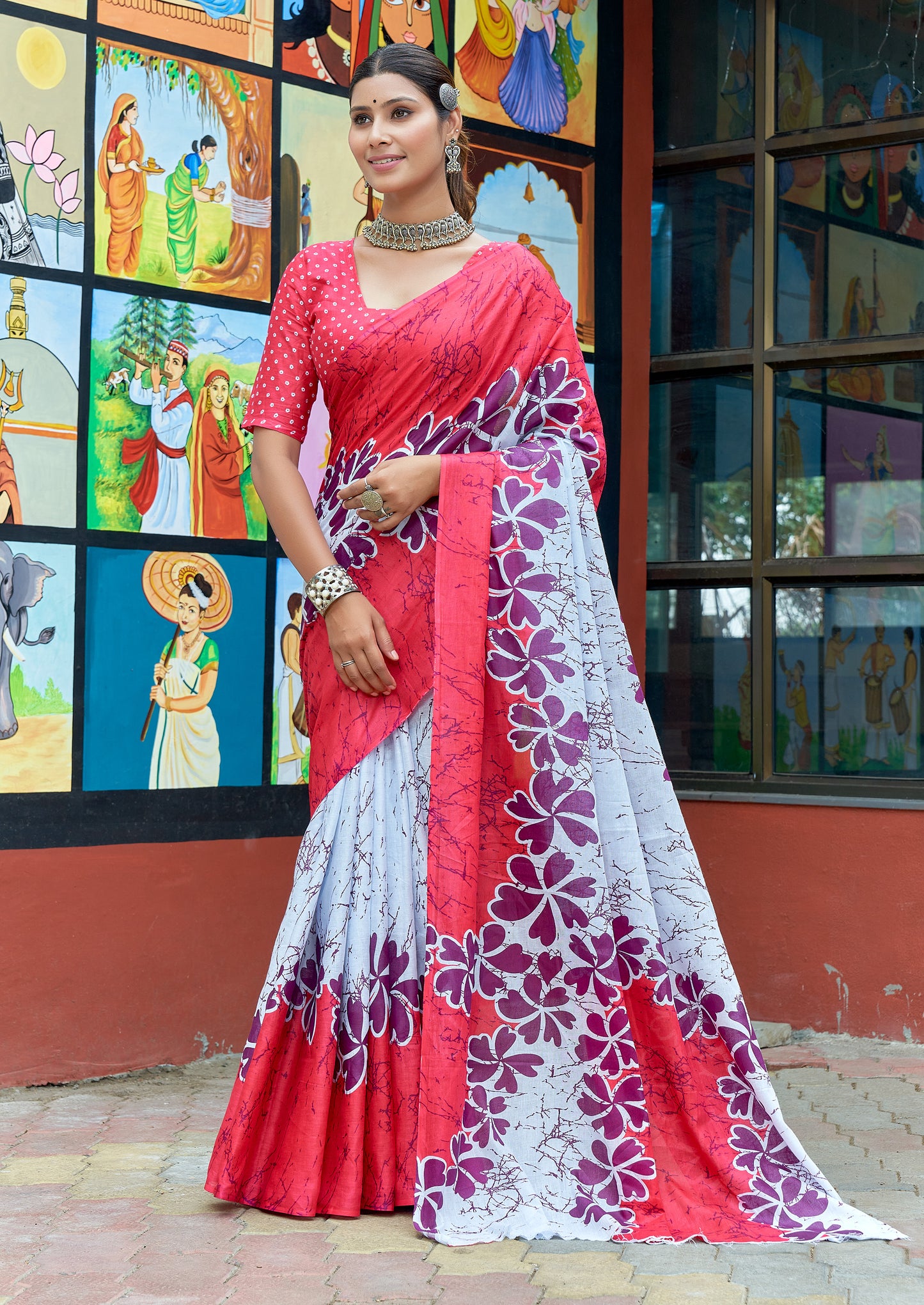 Red-White Cotton Mul Printed Saree