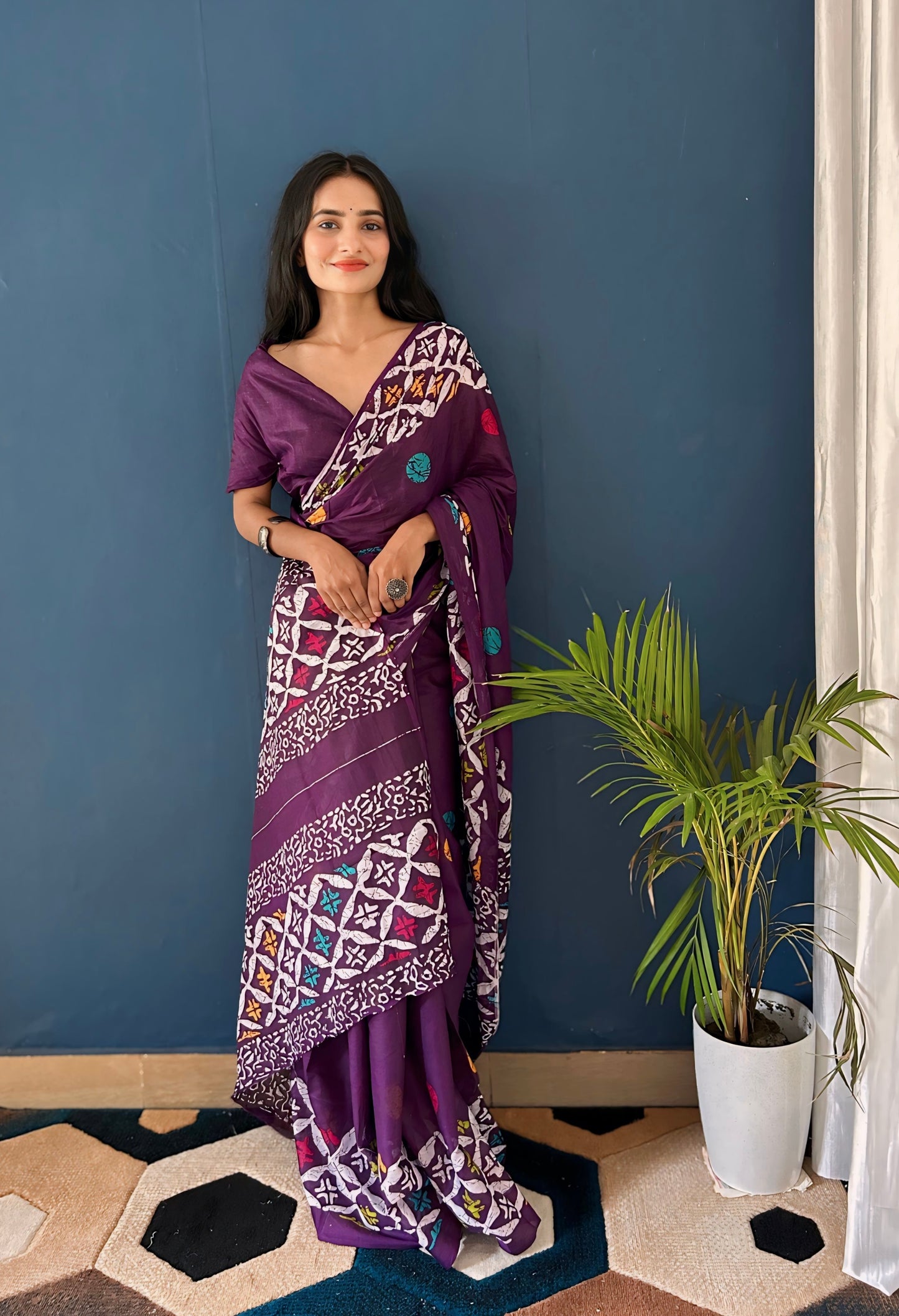 Wine Cotton Mul Printed Saree