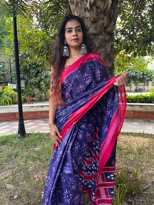 Blue Cotton Mul Printed Saree