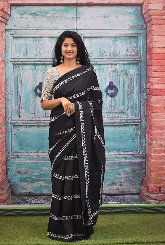 Traditional Black Cotton Mul Printed Saree