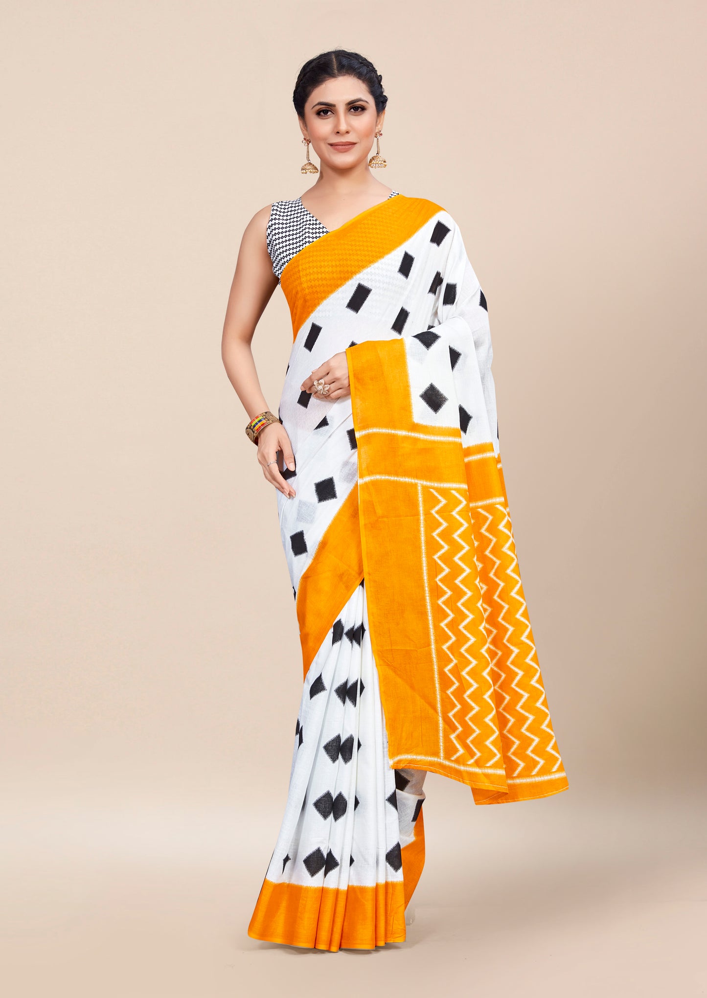 Mustard-White Cotton Mul Printed Saree