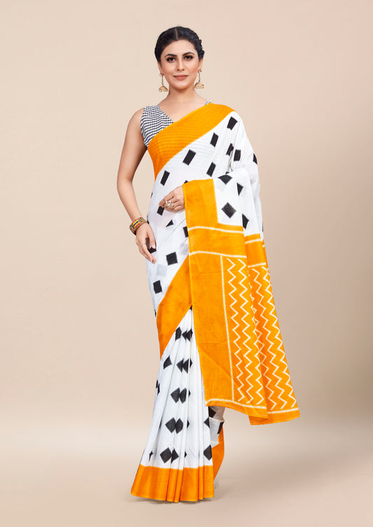 Mustard-White Cotton Mul Printed Saree