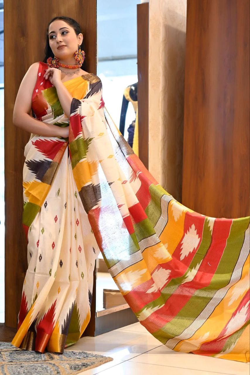 Colorful-White Cotton Mul Printed Saree