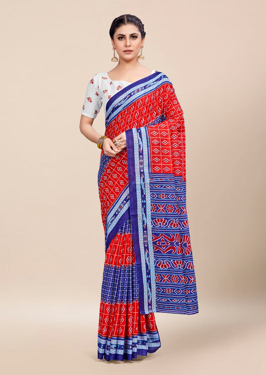 Red-Blue Cotton Mul Printed Saree