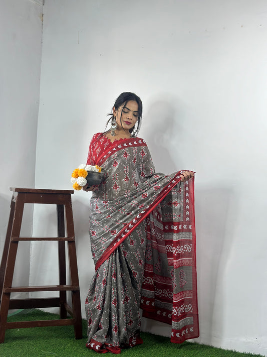 Maroon-Grey Cotton Mul Printed Saree