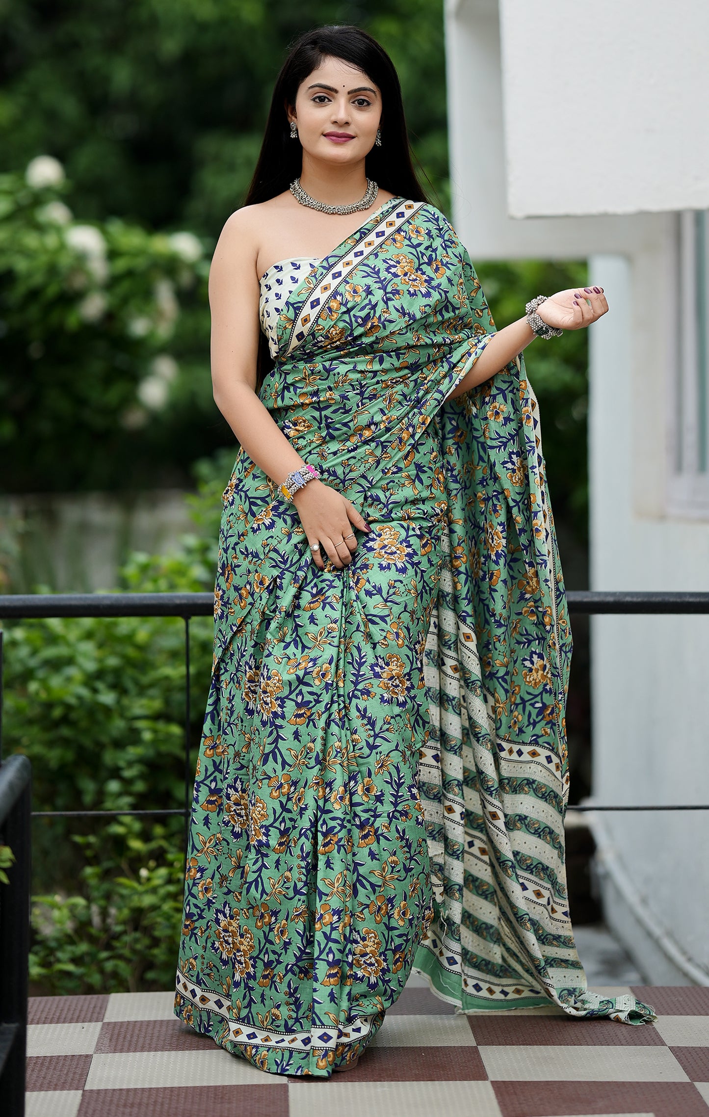 Green Cotton Mul Printed Saree