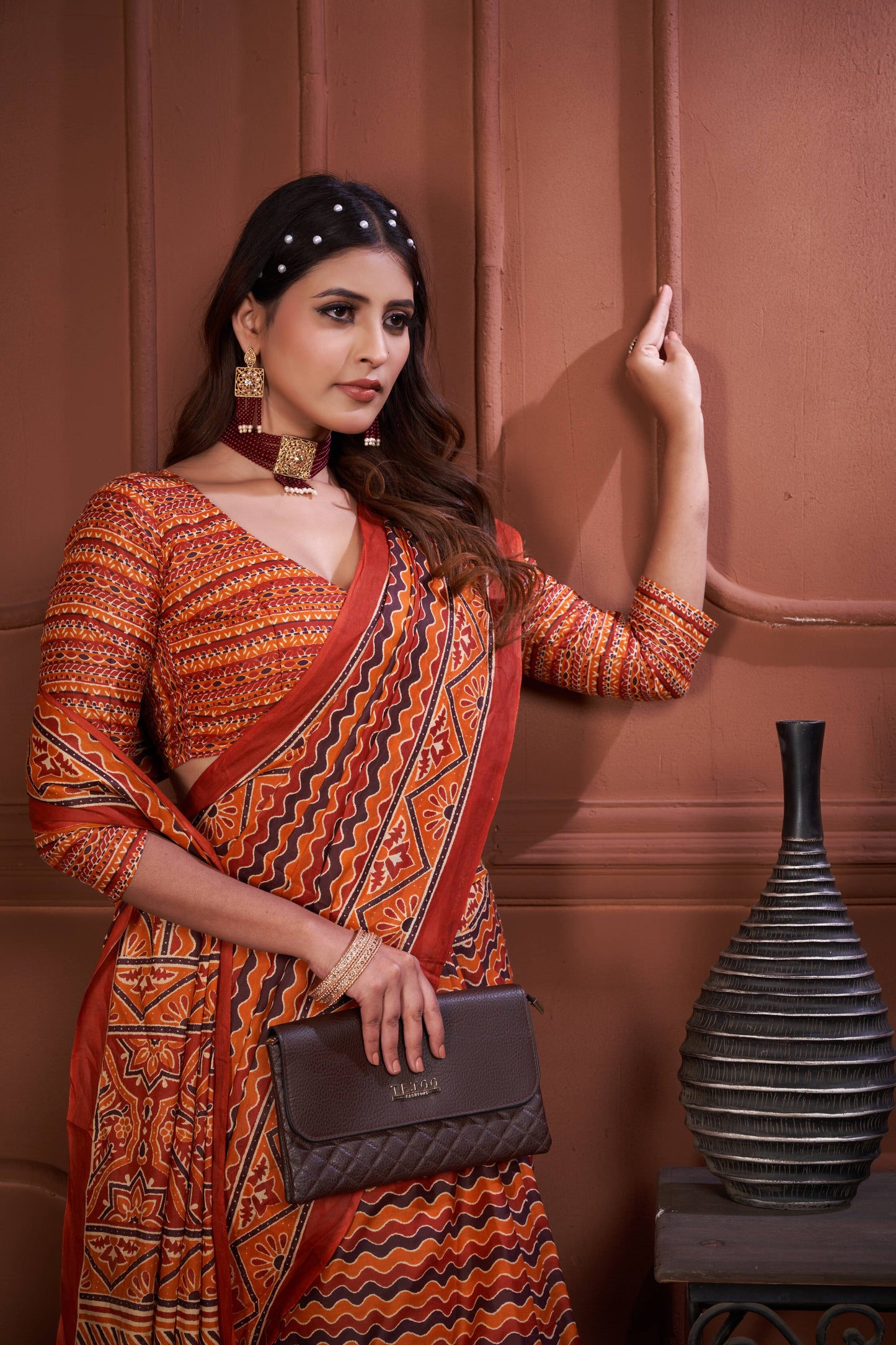 Orange Cotton Mul Printed Saree