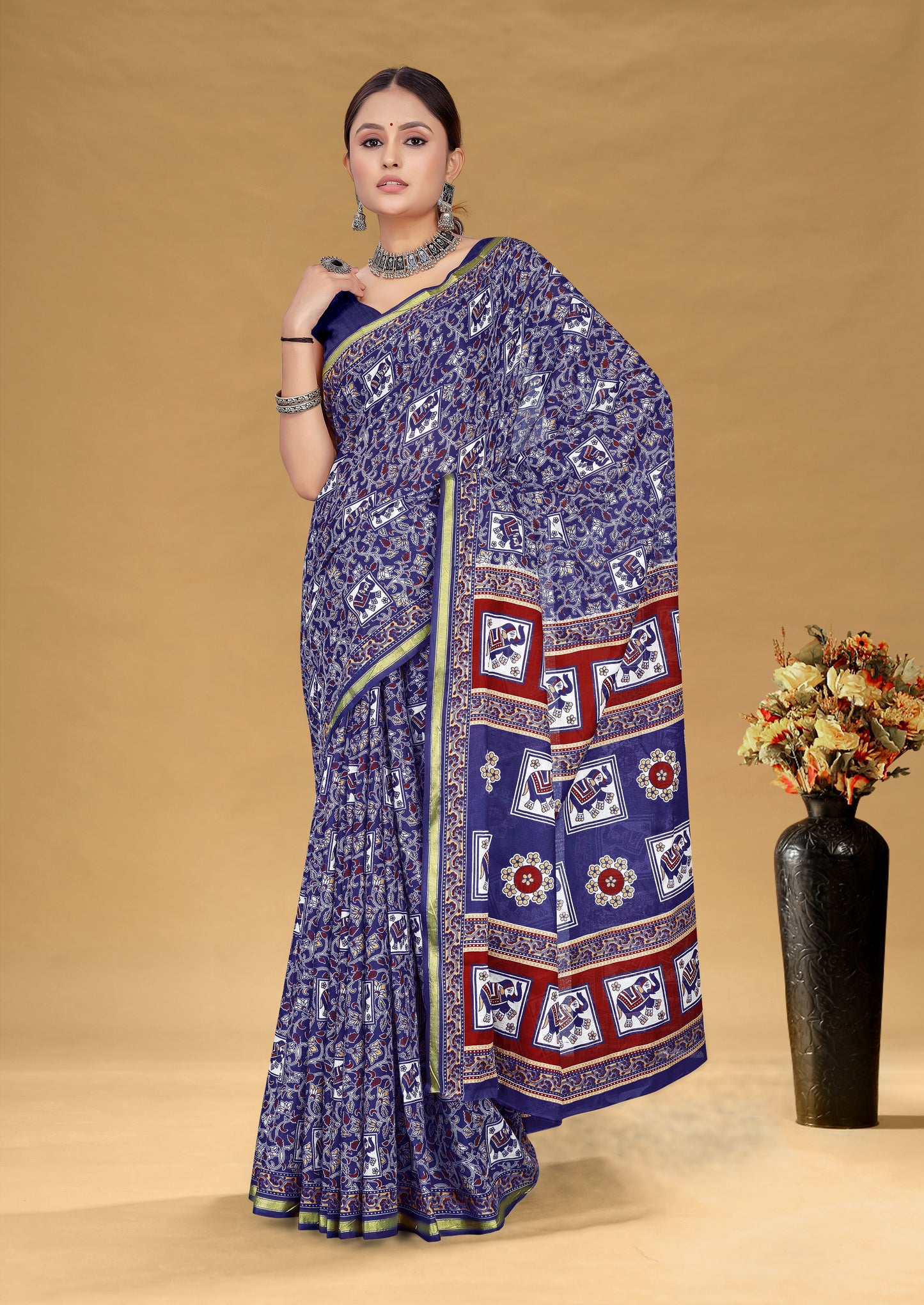 Vintage Blue Cotton Mul Printed Saree