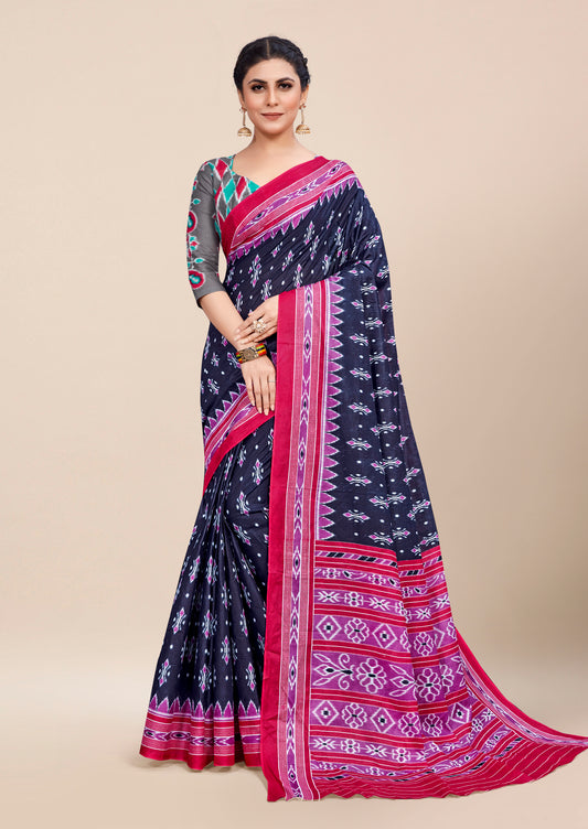 Navy Blue-Pink Cotton Mul Printed Saree