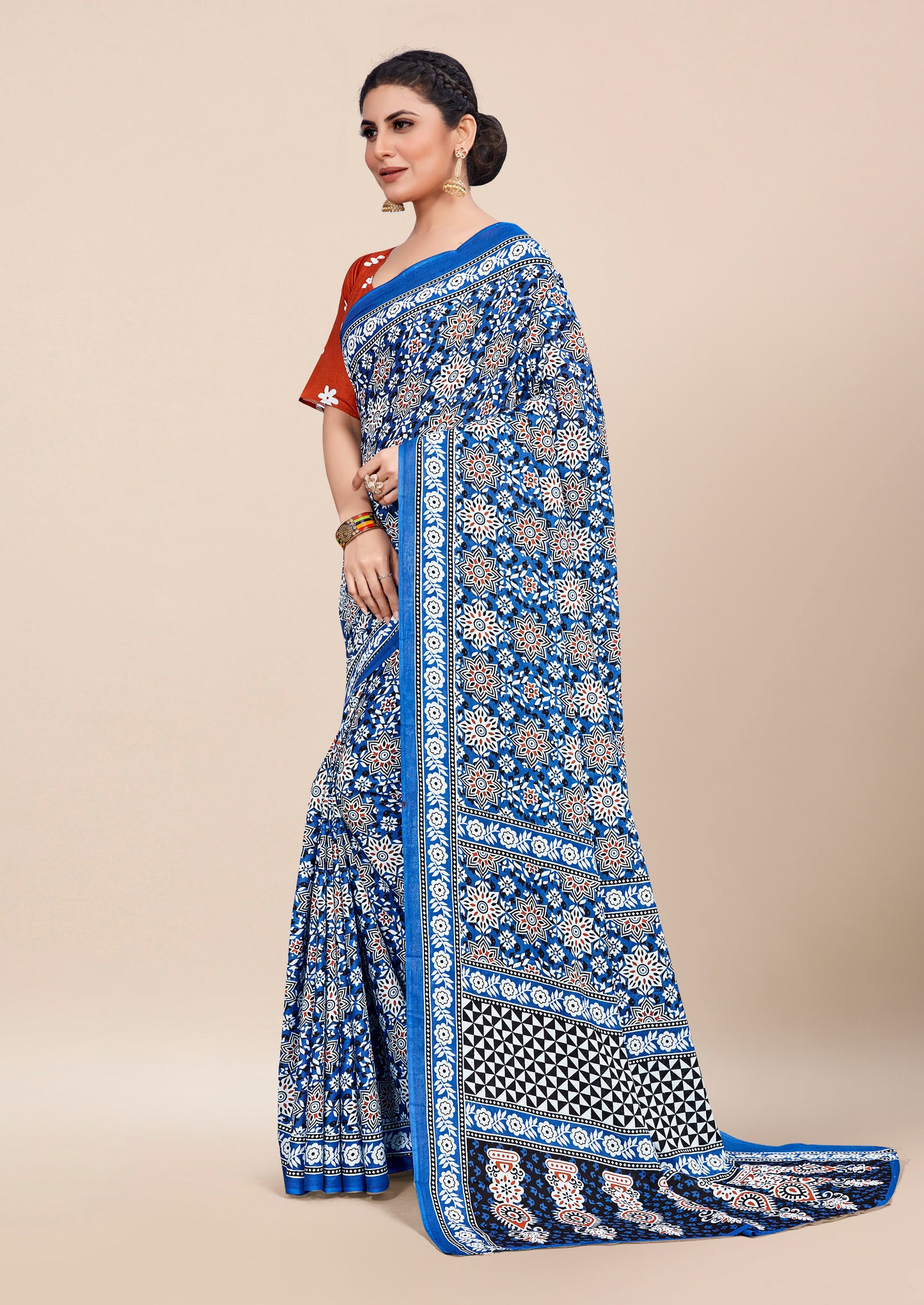 Designer Blue Cotton Mul Printed Saree