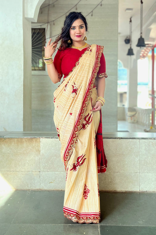 Creamy-Red Cotton Mul Printed Saree