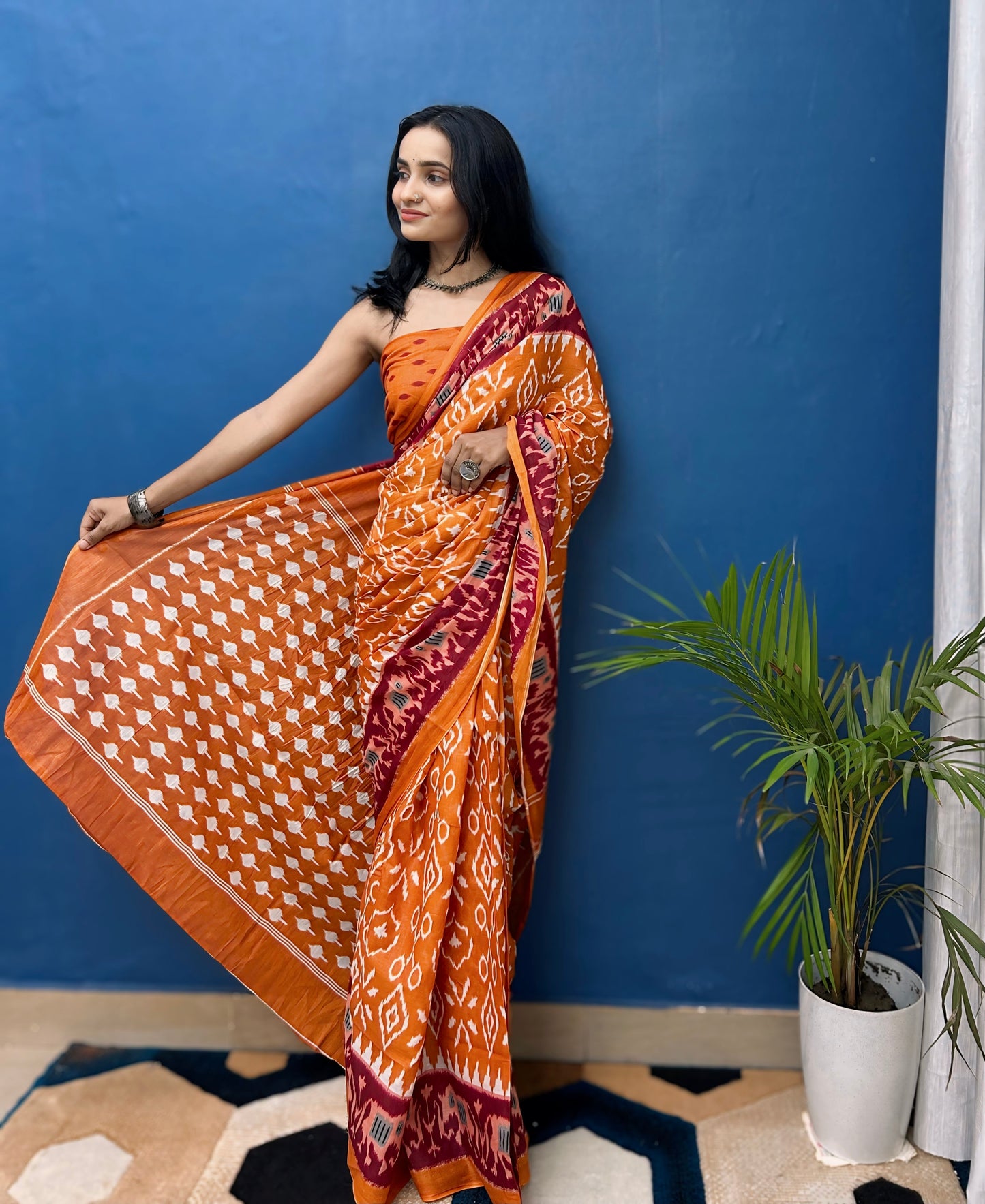 Blooming Orange Cotton Mul Printed Saree