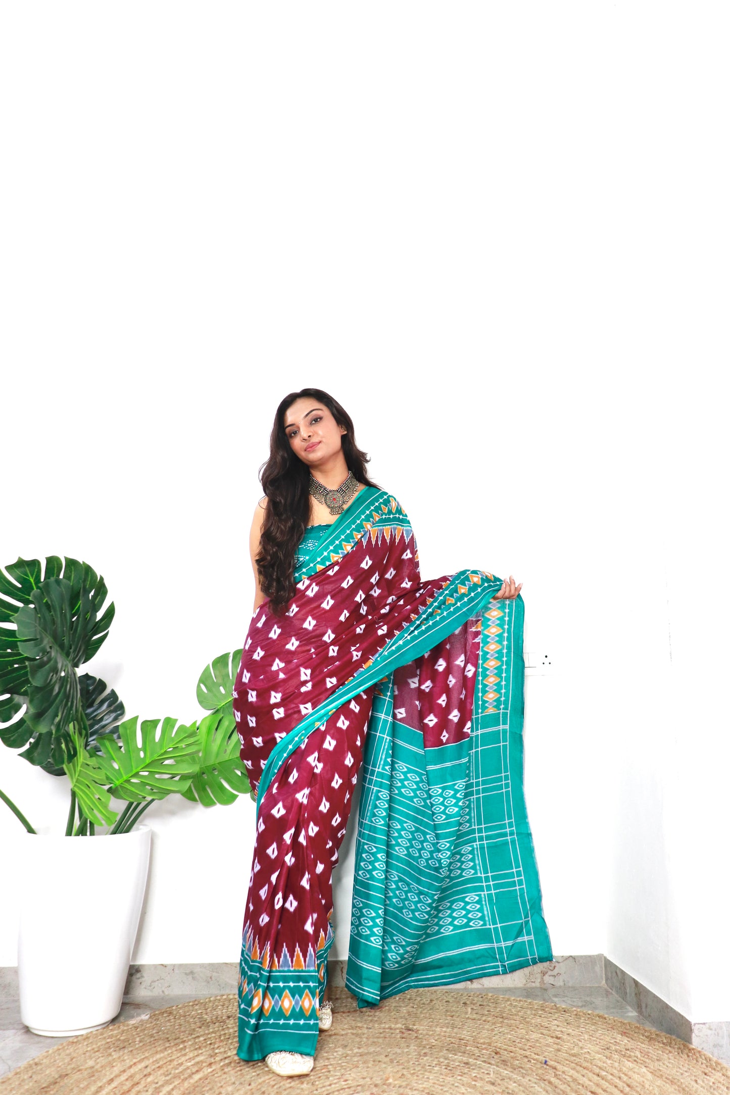 Wine-Teal Blue Cotton Printed Saree