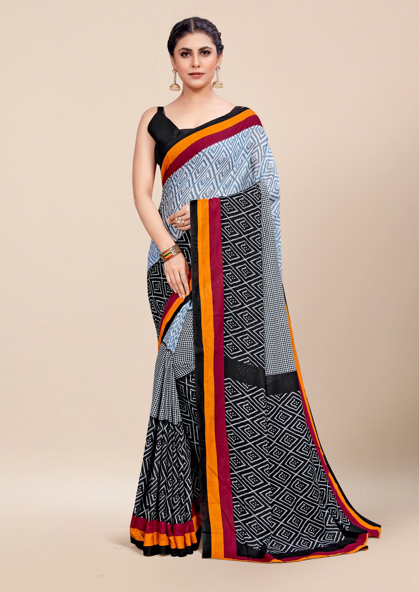 Black-Grey Cotton Mul Printed Saree