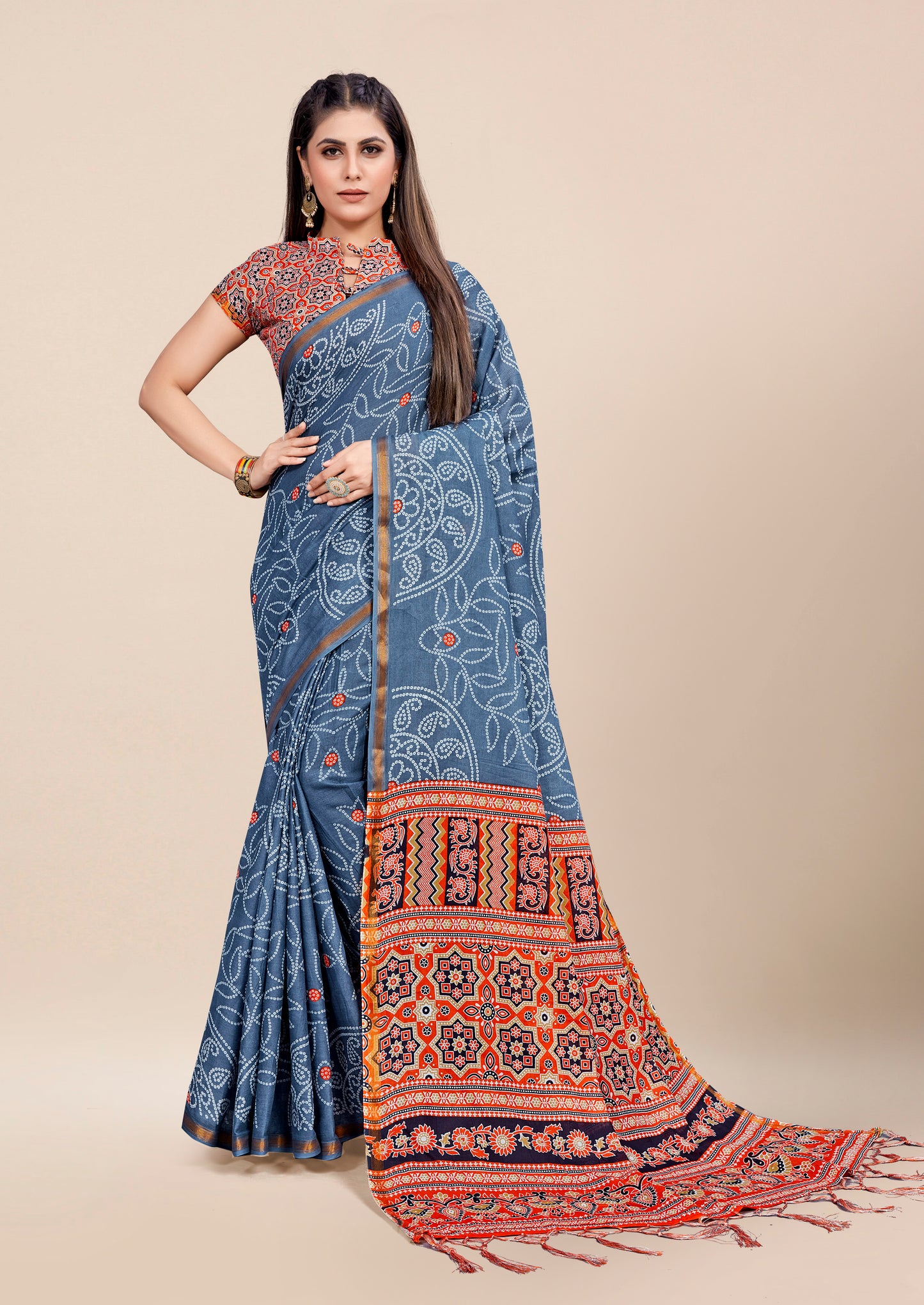 Teal Blue Cotton Mul Printed Saree