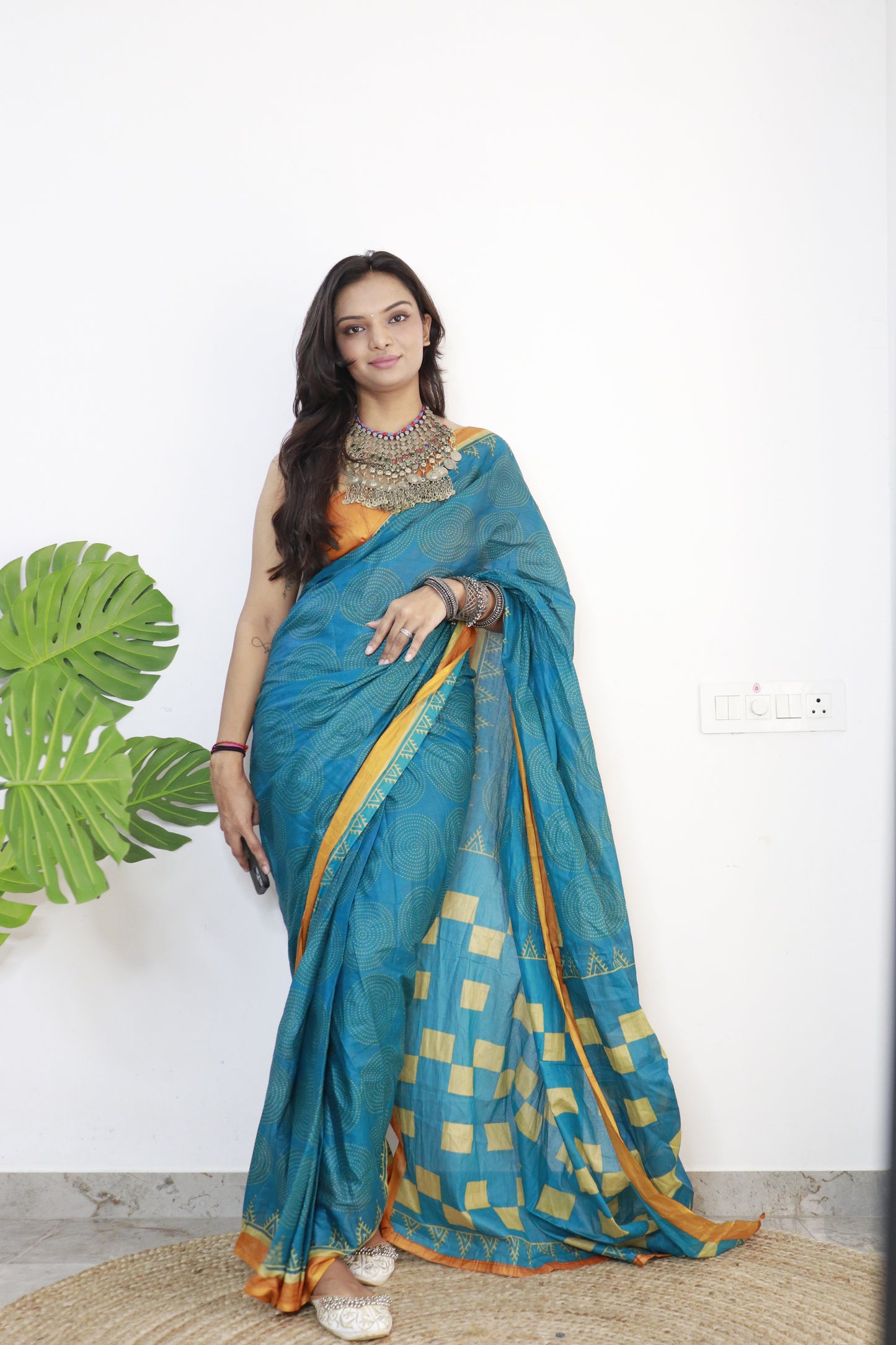 Teal Blue Cotton Printed Saree