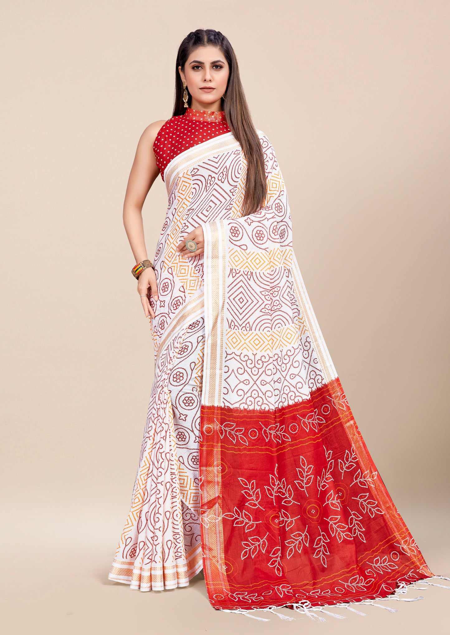 Reddish-White Cotton Mul Printed Saree