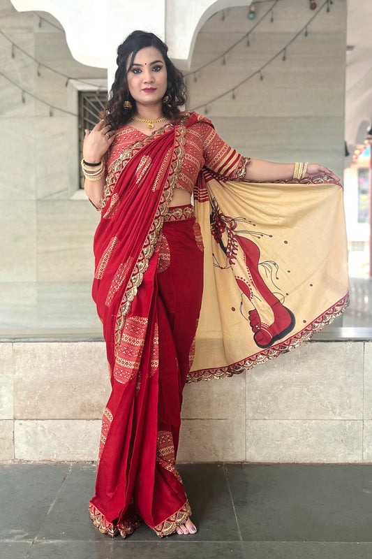 Traditional Red Cotton Mul Printed Saree