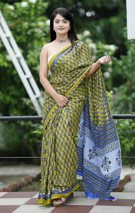 Graceful Green Cotton Mul Printed Saree