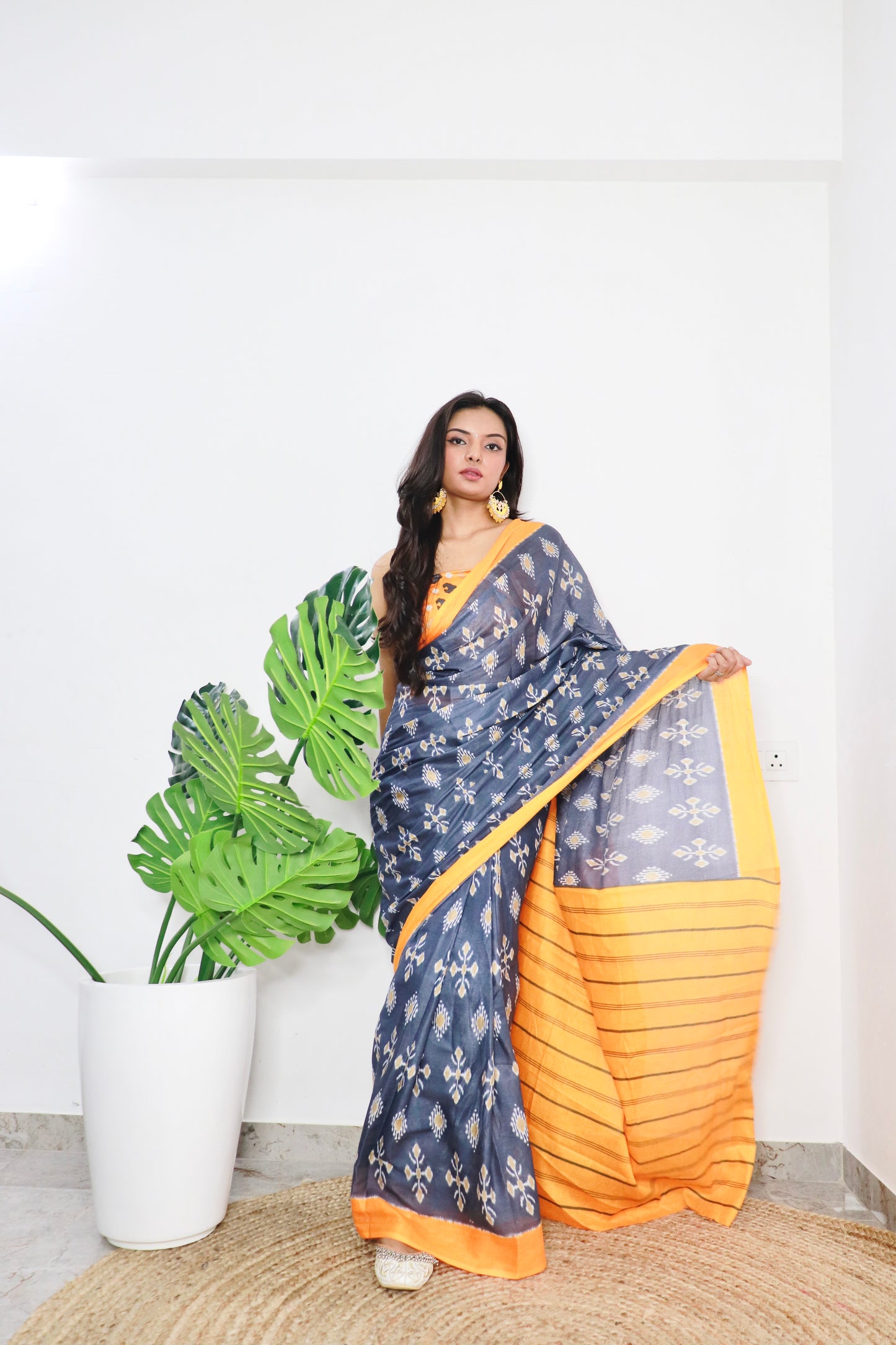 Grey-Mustard Cotton Printed Saree