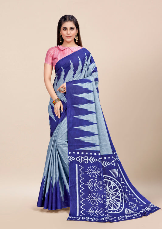 Elegent Blue Cotton Mul Printed Saree