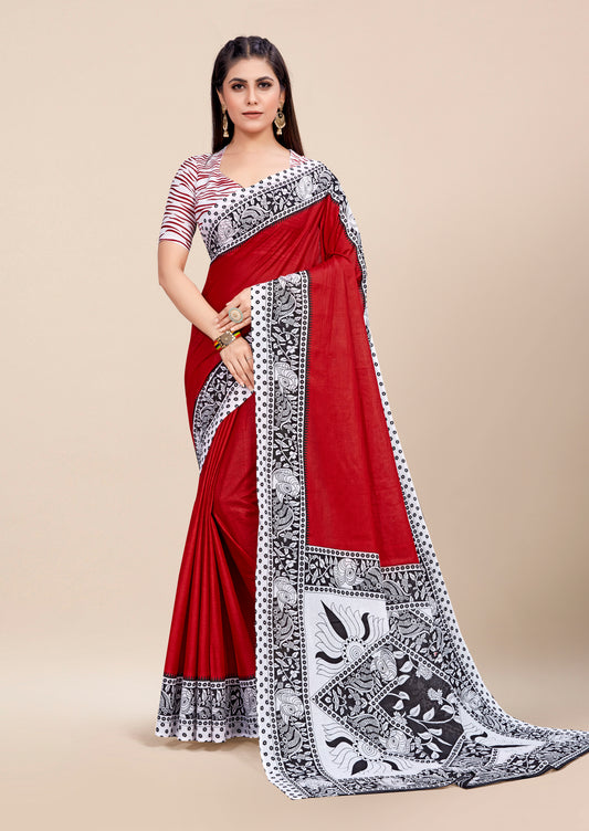 Red-White Cotton Mul Printed Saree