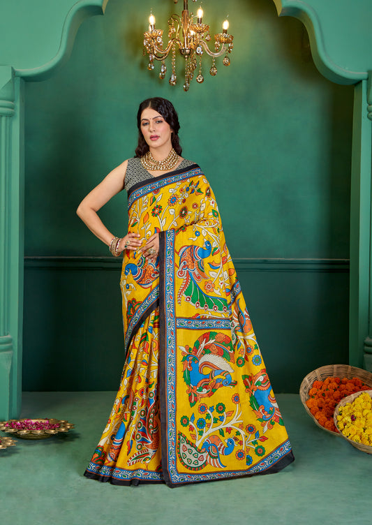 Yellow Cotton Mul Printed Saree