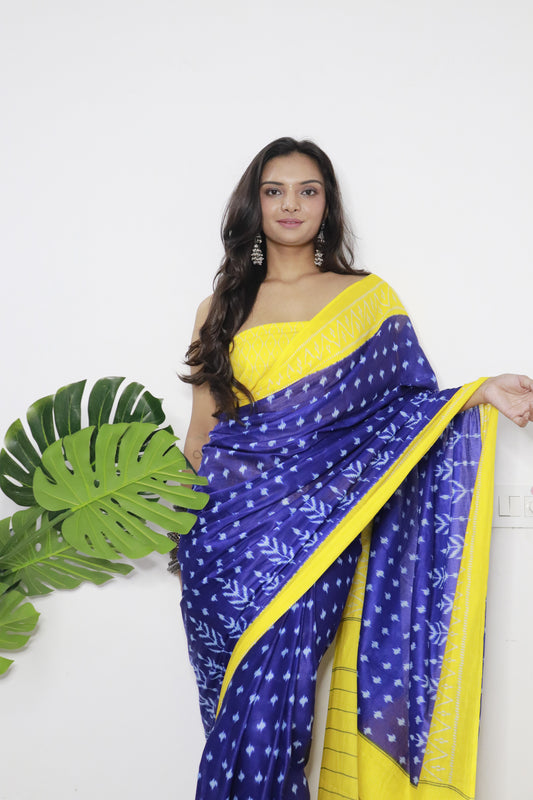 Blue-Yellow Cotton Printed Saree