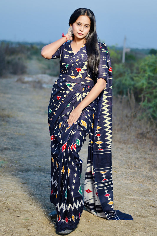 Blue Cotton Printed Saree