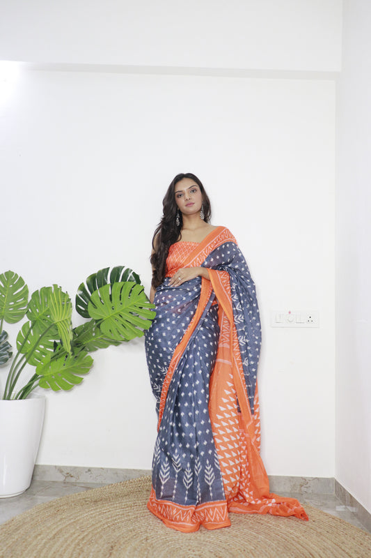 Orange-Grey Cotton Printed Saree