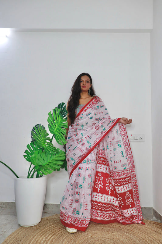 White-Red Cotton Printed Saree