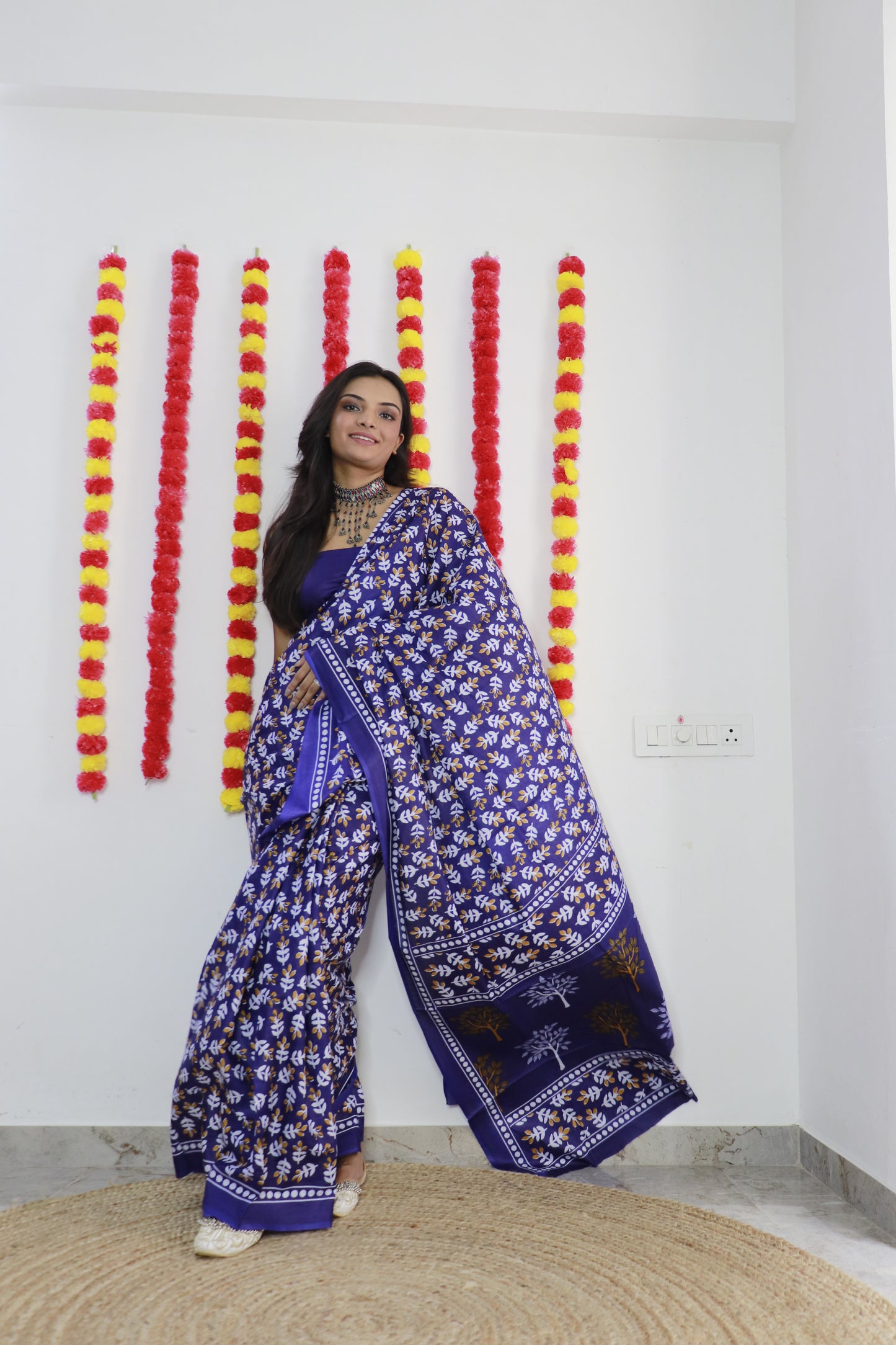 Purple Block Printed Cotton Mul Saree