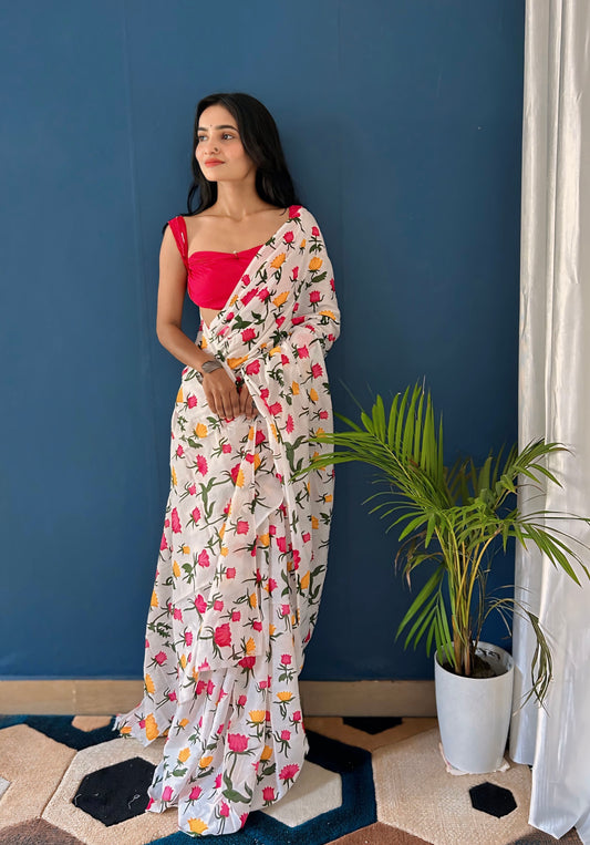 White Cotton Mul Printed Saree