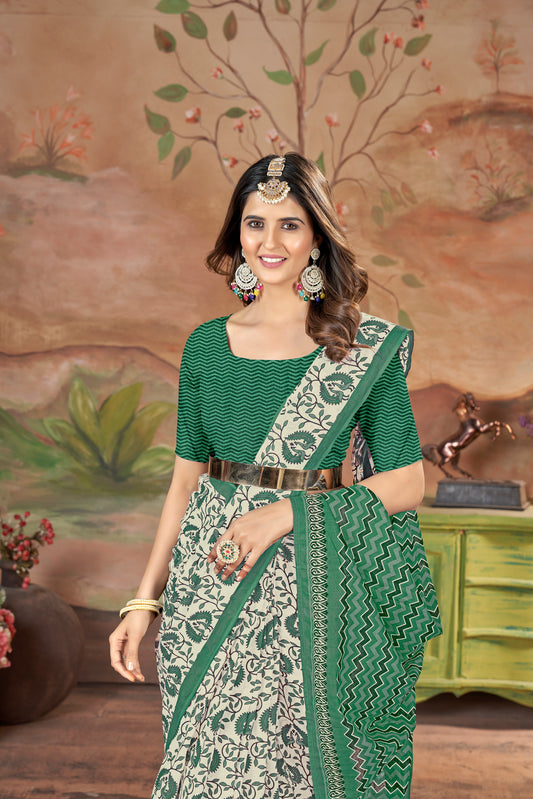 White-Green Cotton Mul Printed Saree