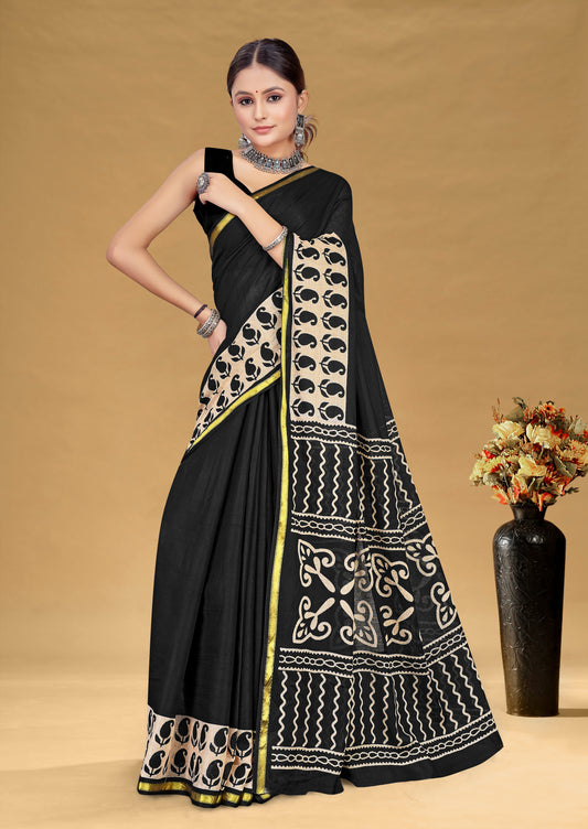 Black Cotton Mul Printed Saree