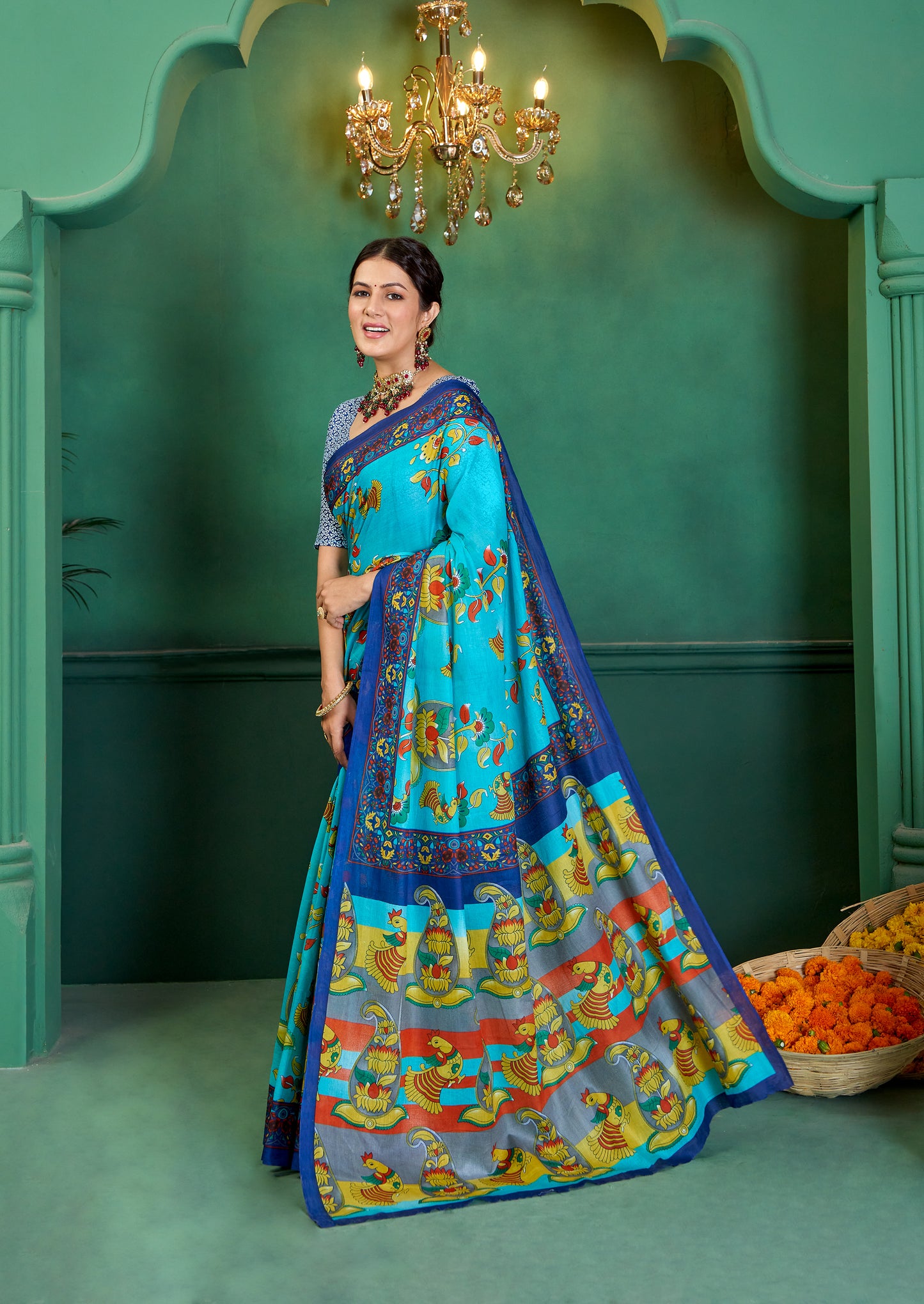 Sky Cotton Mul Printed Saree