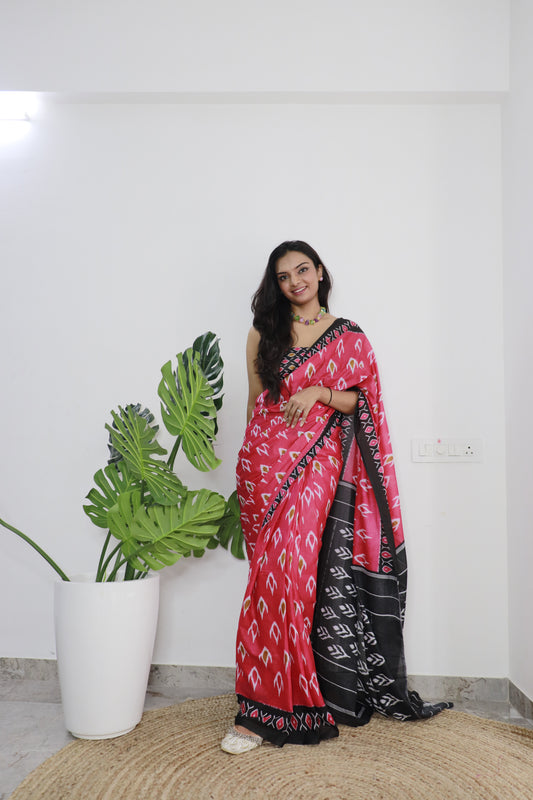 Pink Cotton Printed Saree